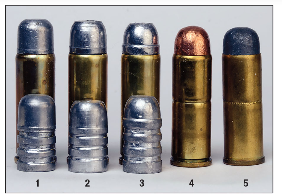 For this article, Mike used three hollowbase bullet designs: (1) MP Molds’ No. 41LC-200, (2) Lyman’s No. 386178 and (3) Rapine Moulds’ No. 386195. The cartridges at right are a (4) Winchester factory load made in the 1970s and a (5) Winchester factory load made in the early 1900s.